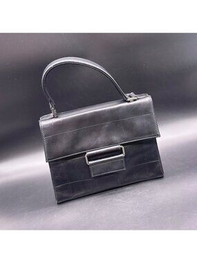 Vintage Purse Faux Leather Black Y2K Handbag Top Handle Silver Buckle Retro